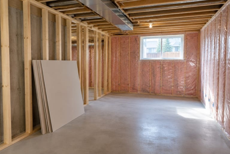 Basement framing in progress: new wood stud walls, pink insulation behind clear vapour barrier and sheets of drywall leaning against the studs.