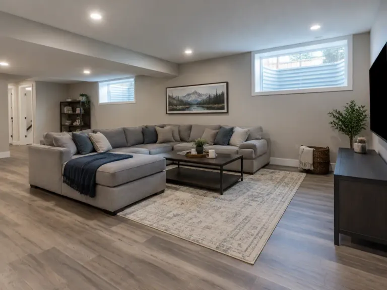A finished basement family room with grey-brown wood-look vinyl plank flooring, a sectional sofa and pot lights.