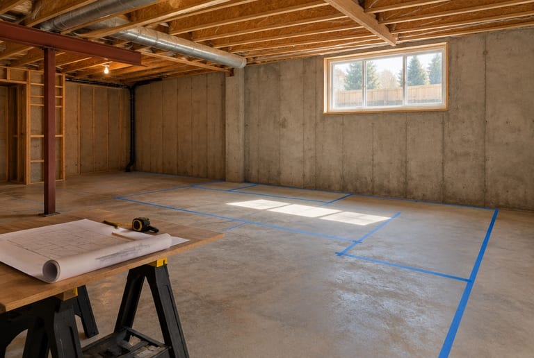 An unfinished basement with bare concrete walls and floor, blue tape marking out the new rooms, and a floor plan and tape measure on a sawhorse table.