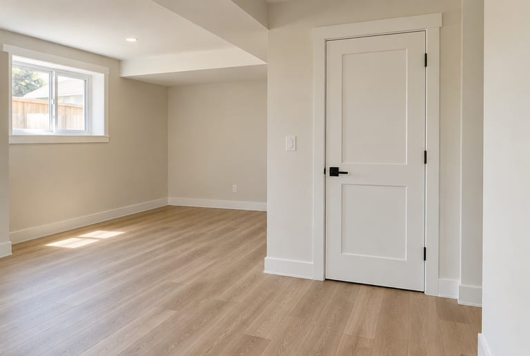 A finished basement room with fresh white paint, new baseboards and door casing, a white panel door and light wood-look vinyl plank floors.