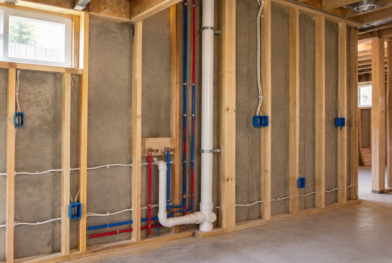 Electrical and plumbing rough-in inside open basement stud walls: blue electrical boxes, wiring, red and blue water lines and a white drain pipe.