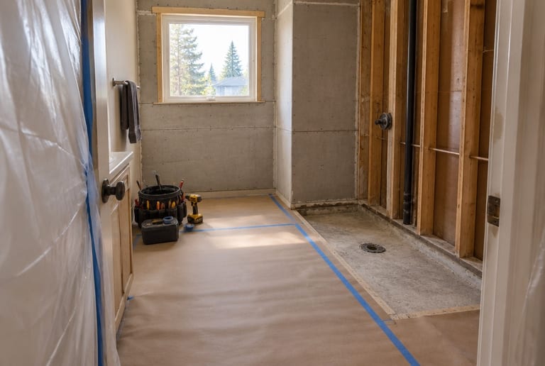 A bathroom stripped to cement board and studs for renovation, with the floor covered in protective paper and the doorway sealed with plastic.