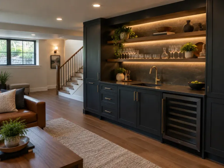 A finished basement wet bar with dark built-in cabinets, open shelves and a small sink.